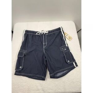 Op Navy White Stitching Cargo Pockets Drawstring Relaxed Swim Shorts Mens XL42
